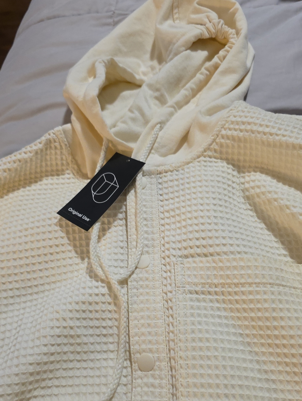 Original Use cream waffle knit hooded button-up shirt